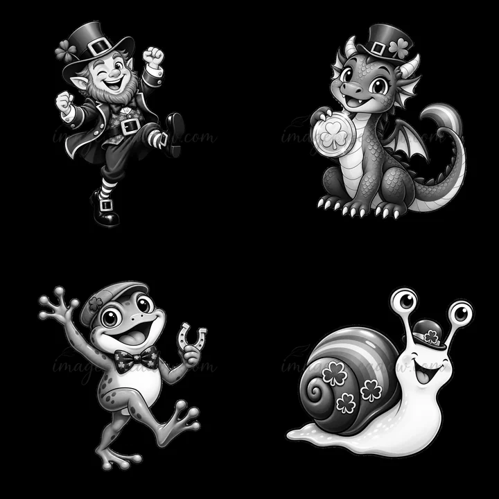 Characters celebrating St. Patrick's Day include a dancing leprechaun, a cheerful dragon holding a clover, a frog with a bow tie holding a horseshoe, and a smil