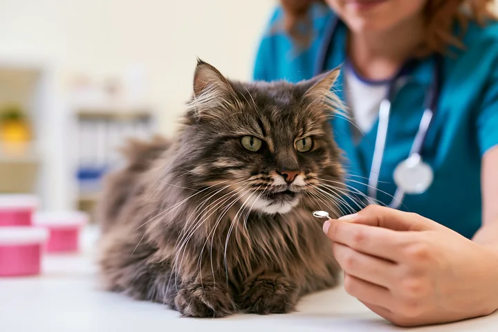 Long-haired cat receives a stethoscope examination from a veterinarian in a clinic.