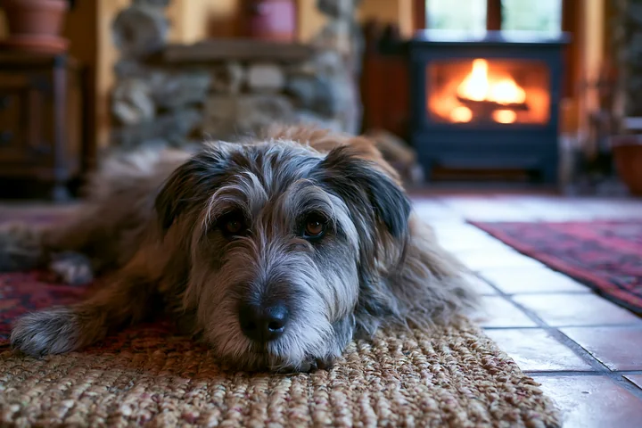 Long-haired dog rests on a rug beside a glowing fireplace in a cozy room.