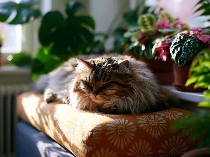 Long-haired tabby cat sleeping on a patterned cushion beside houseplants in warm sunlight.