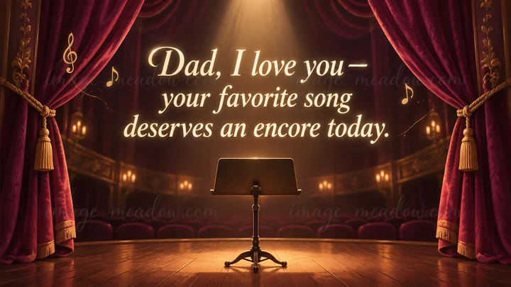 A theater-stage greeting reads, “Dad, I love you—your favorite song deserves an encore today.” Red velvet curtains frame a music stand beneath a warm spotlight,