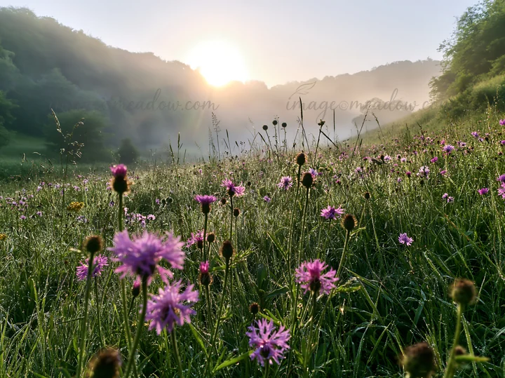 A meadow with knapweed blooms in the foreground as the sun rises over the hills. Mist hangs in the air, creating a tranquil atmosphere in this natural setting.