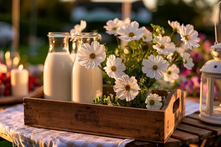 Milk bottles and flowers are arranged on a wooden market table during sunset.