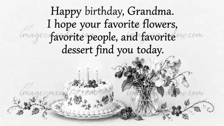 Black-and-white birthday greeting artwork with a heartfelt message for Grandma above a frosted cake with three lit candles, a vase of flowers, and decorative bo