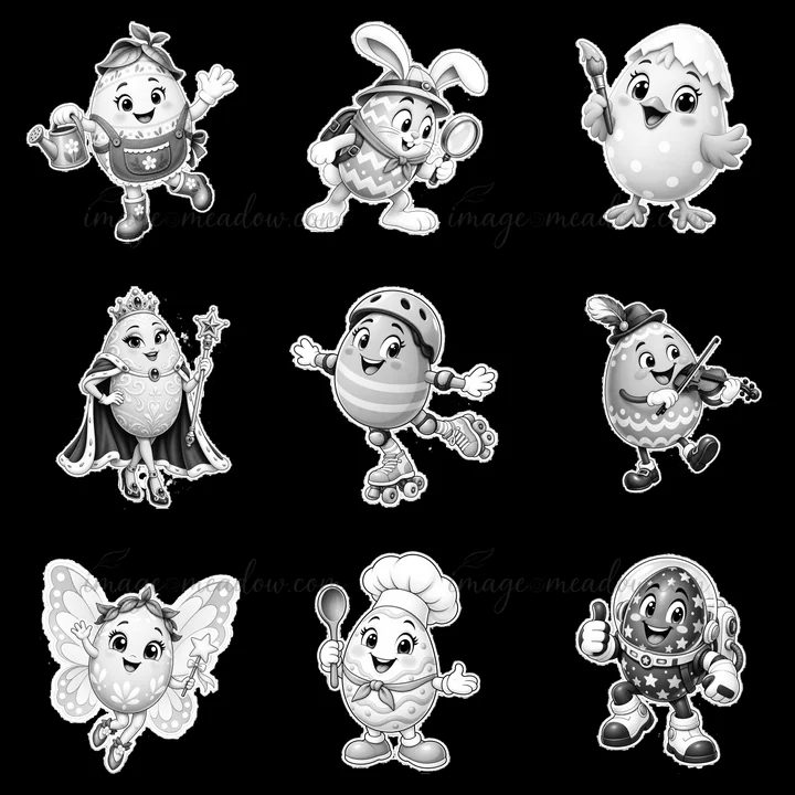 Nine cartoon Easter egg characters are engaging in different activities. Each character features unique expressions and props. The design is monochrome, showcasing a variety of playful actions.