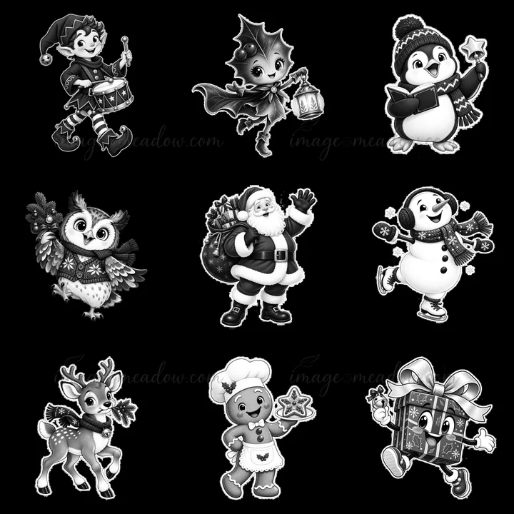 This cartoon sticker design features nine Christmas characters arranged in a 3x3 grid. These characters include Santa, elves, penguins, and reindeer, all in black and white.