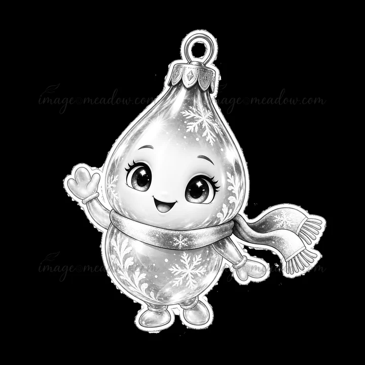 A cartoon ornament character holds one hand up in a wave. The design features snowflakes on its surface. It wears a scarf and has a cheerful expression, making it perfect for holiday themes.