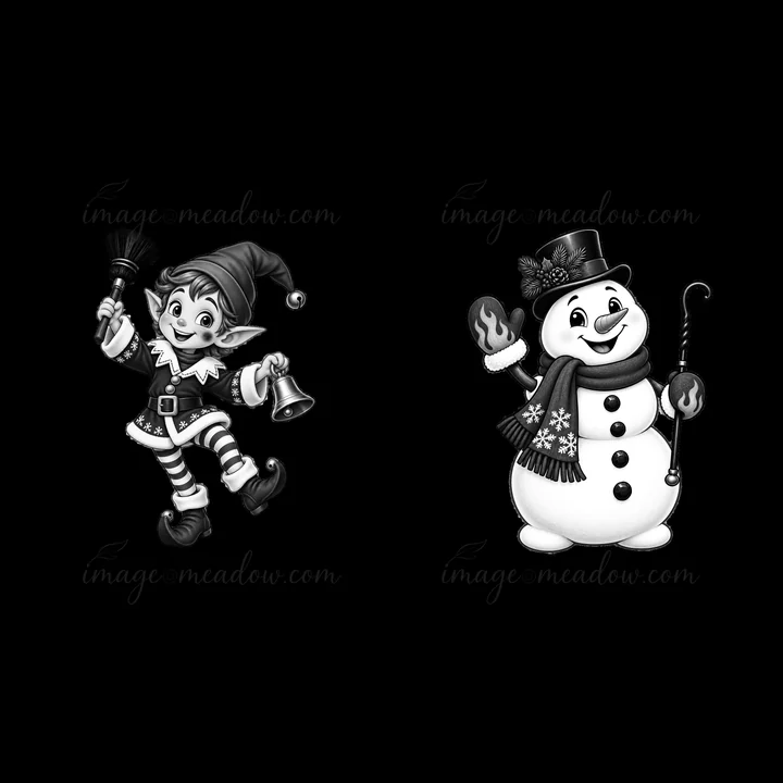 An elf holds a broom and bell while dancing next to a snowman. The snowman raises a cookie and has a cane. Both characters showcase festive elements common during Christmas, highlighting joy and celebration.