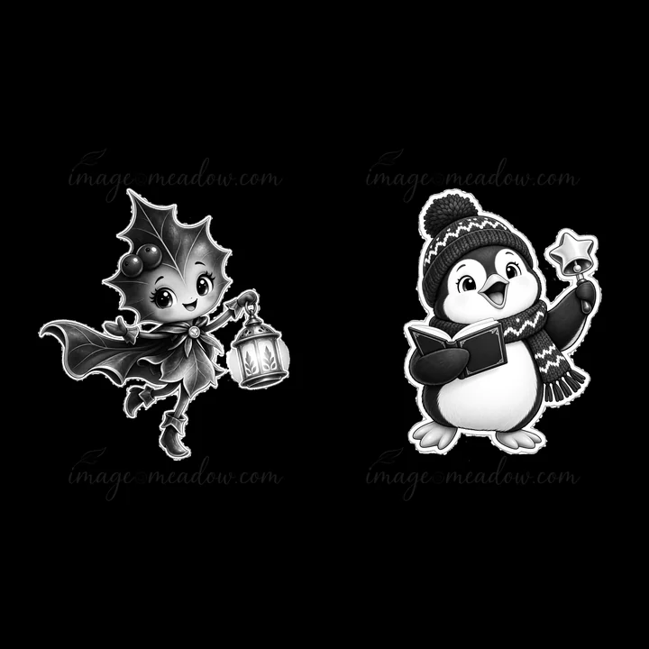 A holly fairy with a lantern and a penguin holding a songbook are together in a playful pose. They represent holiday cheer with their festive attire and joyful expressions.