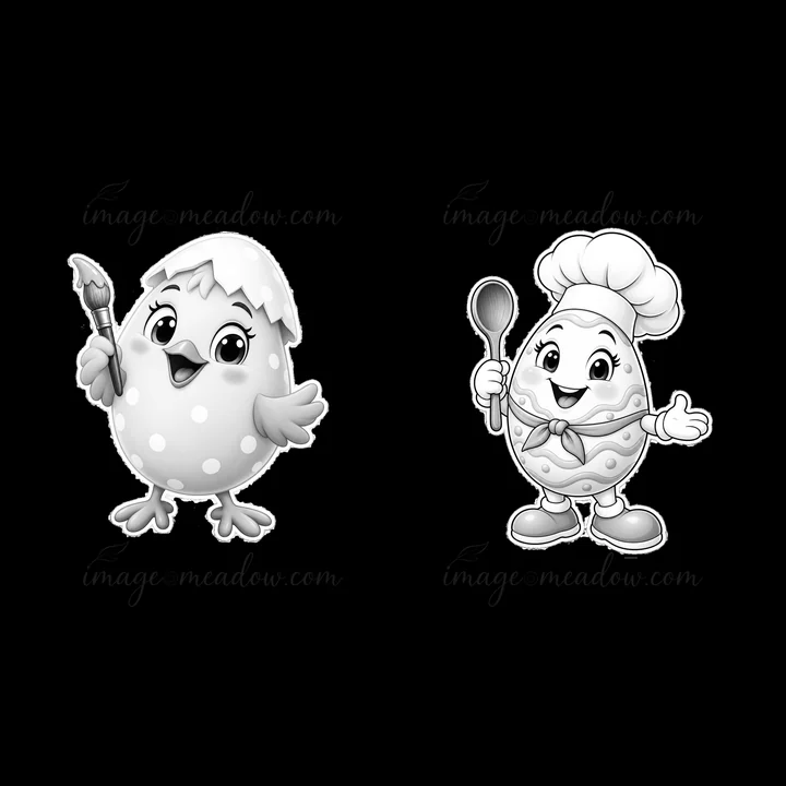A cartoon illustration features a chick with a painter's brush and a chef egg holding a spoon. Both characters are smiling and engaging in fun activities related to Easter celebrations.
