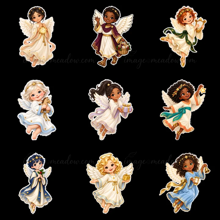 This illustration features nine cartoon angels dressed in white robes, each holding different gifts. The angels have diverse hair colors and styles, celebrating