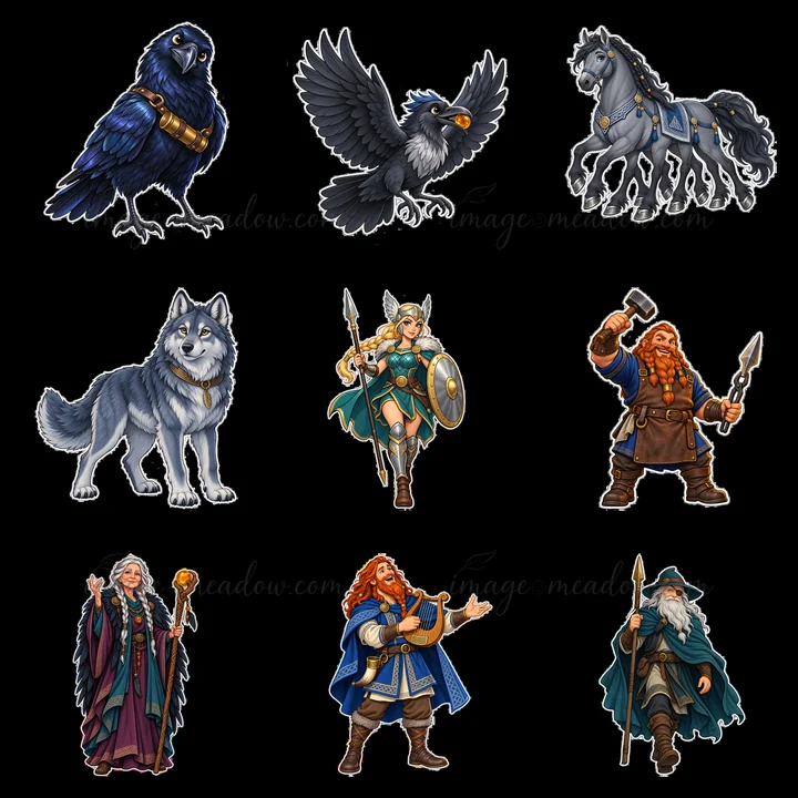 The illustration shows Odin the Norse All-Father surrounded by nine characters including a raven, wolf, and warriors. Each character has unique features, posing