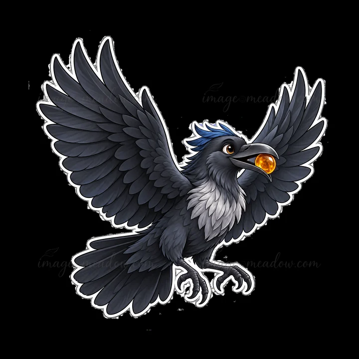 A cartoon raven with black and gray feathers flies through the air. It has a blue crest and holds a golden orb in its beak. The raven's wings are fully spread,