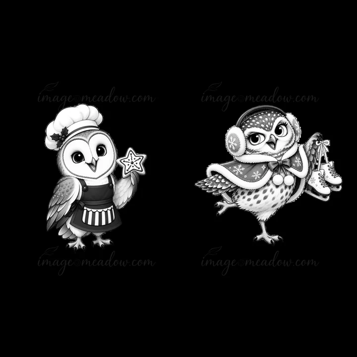 Two cartoon owls are dressed for Christmas. One owl wears a chef's hat and holds a star while the other wears earmuffs and carries ice skates. They are designed