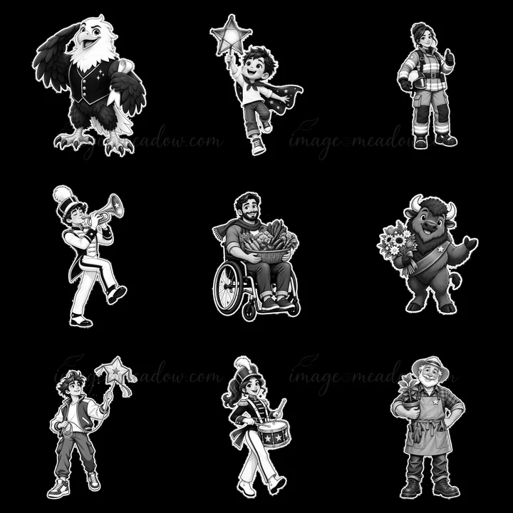 A collection of patriotic cartoon characters in different poses. The characters hold stars, play instruments, and display symbols of patriotism. Each character