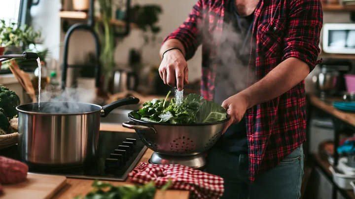 Person seasons leafy vegetables in a colander beside a steaming pot in a home kitchen.