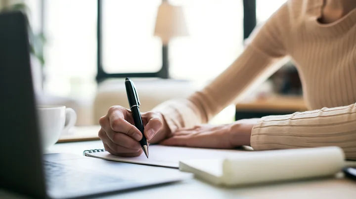 Person writes a gift list in a notebook at a bright desk beside a computer and coffee cup.