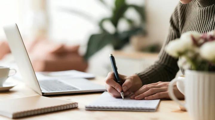Person writes in a notebook at a desk beside a laptop, coffee cup, and blurred flowers.