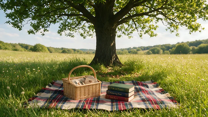 Picnic basket and books on a blanket in a sunlit meadow beneath a broad oak tree