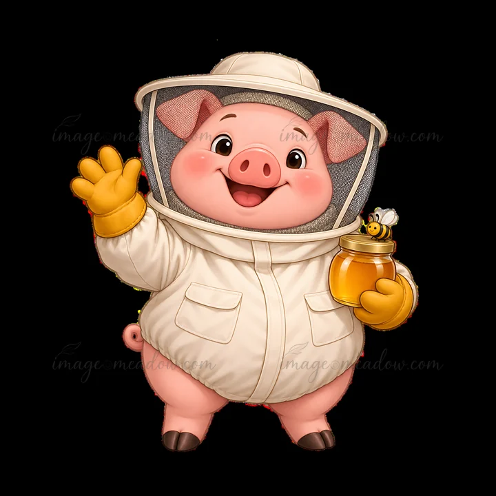 A cheerful pig dressed in a beekeeping suit waves at viewers. The pig holds a jar of honey while a small bee buzzes nearby. The scene is colorful and captures a