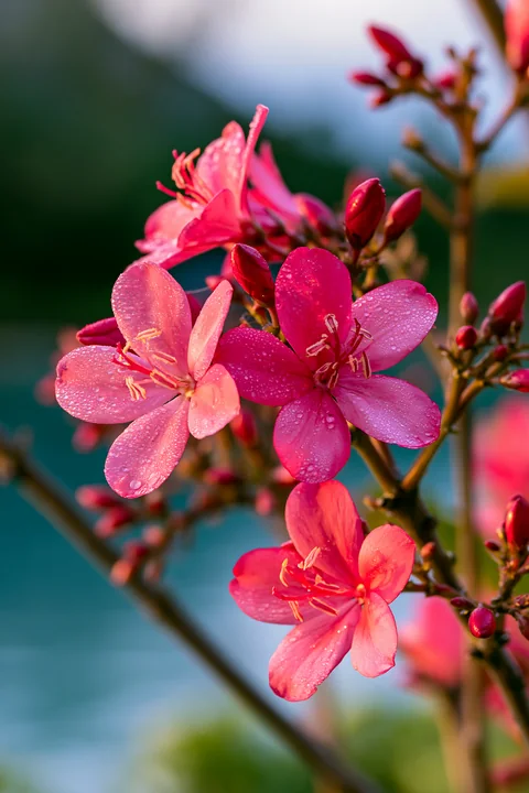 Pink flowers with water droplets grow on branches near a lagoon.