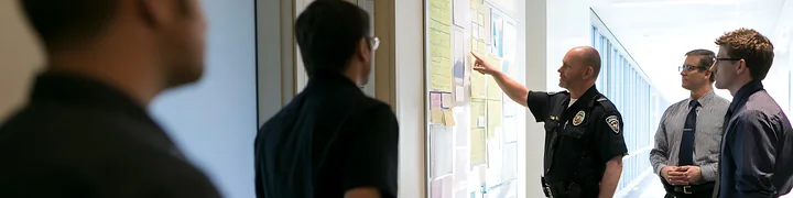 Police officer points at a planning board while three colleagues observe in a bright office corridor.