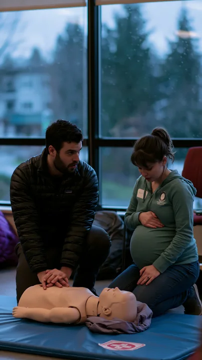 Pregnant woman and her partner practice infant CPR on a baby training mannequin indoors.