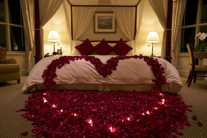 Romantic bedroom with red rose petals forming hearts across a bed and floor, illuminated by candles and bedside lamps.