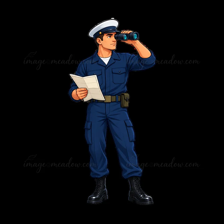 A sailor stands on an aircraft carrier, holding a map and binoculars. He wears a navy uniform and looks ahead, surveying the surrounding area.