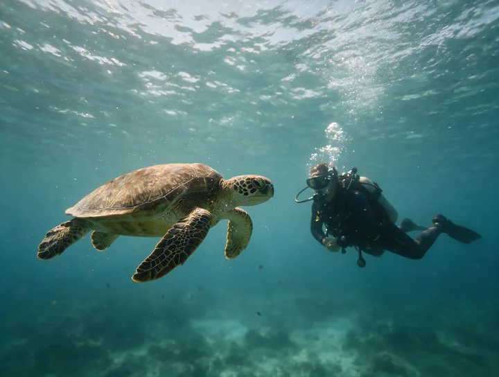 Sea turtle swimming beside a scuba diver in clear blue underwater surroundings.
