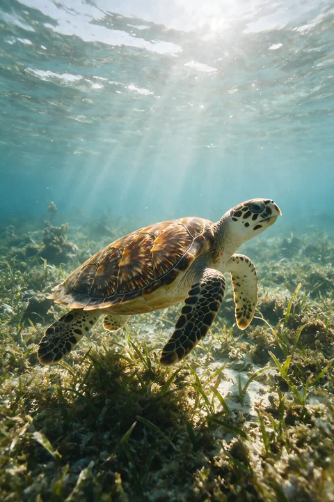 Sea turtle swims above seagrass and aquatic plants in clear sunlit underwater water.