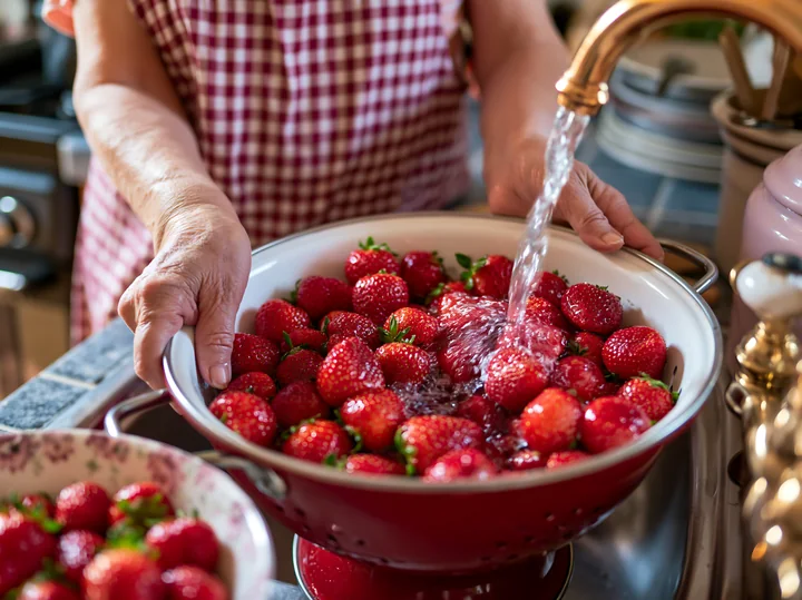 Senior woman with dementia preparing simple food washes strawberries in a bowl at a kitchen sink.