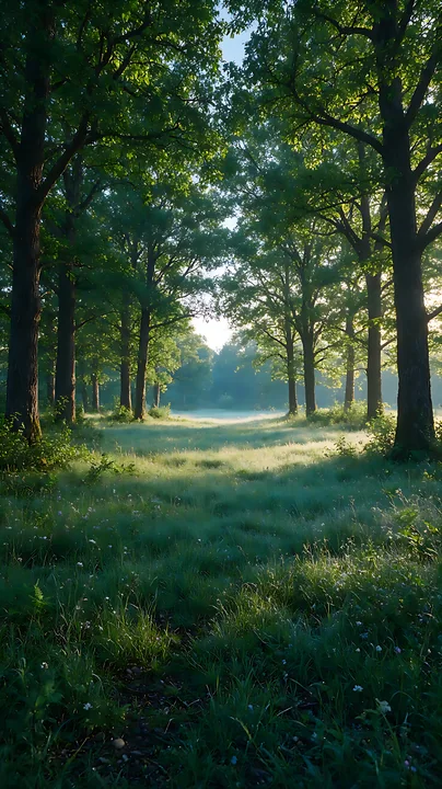 Shaded meadow in a woodland clearing framed by mature trees with sunlight filtering through leafy branches.