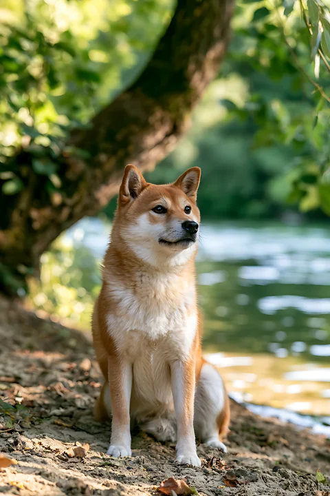 Shiba Inu sits in tree shade beside a calm forest stream, surrounded by green foliage.