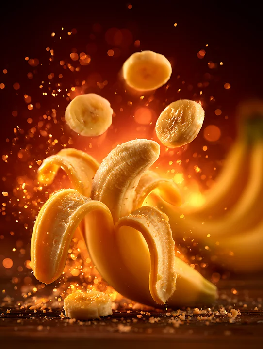 Sliced bananas are suspended in the air against a vibrant, glowing background.