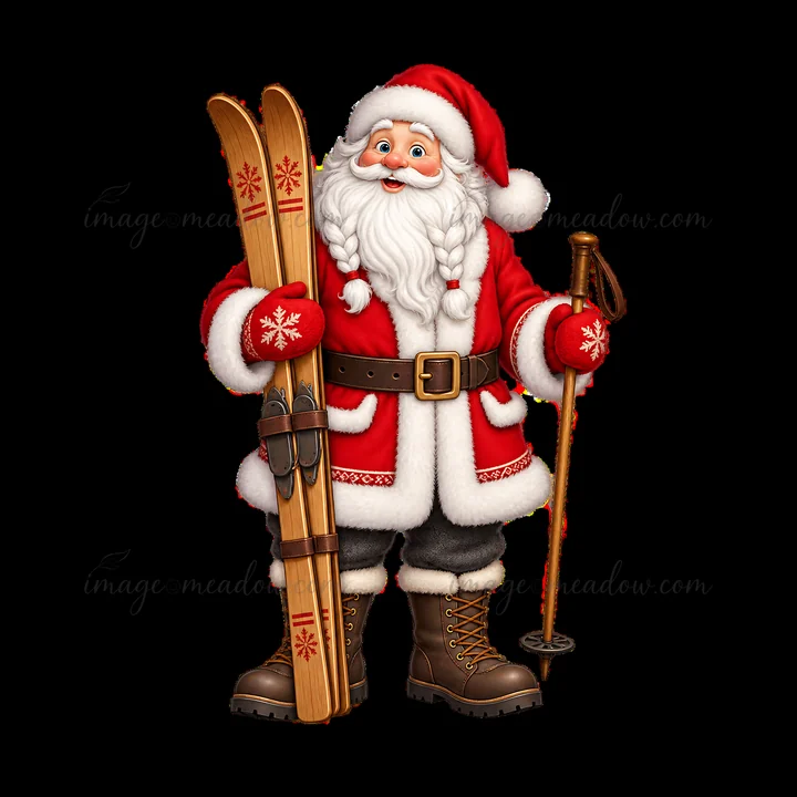 Santa Claus stands with a pair of wooden skis and ski poles. He wears a red suit with white trim and black boots. His joyful expression adds to the festive winter atmosphere.