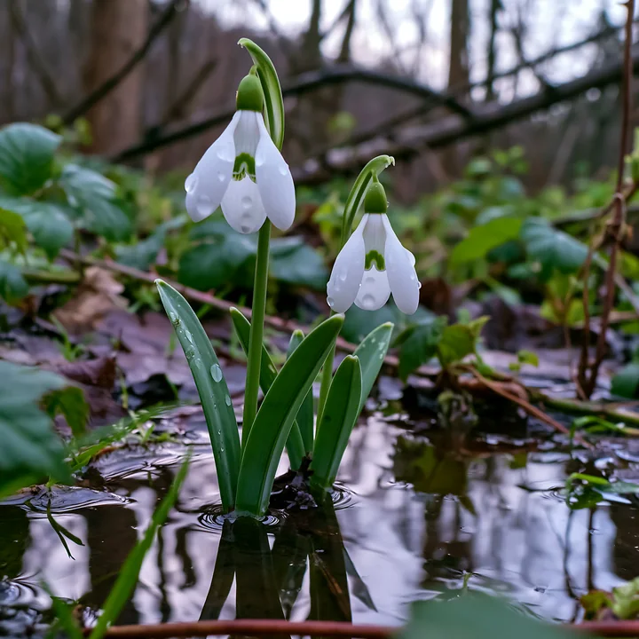 Snowdrop flowers beneath trees emerge from wet ground in a forest setting.