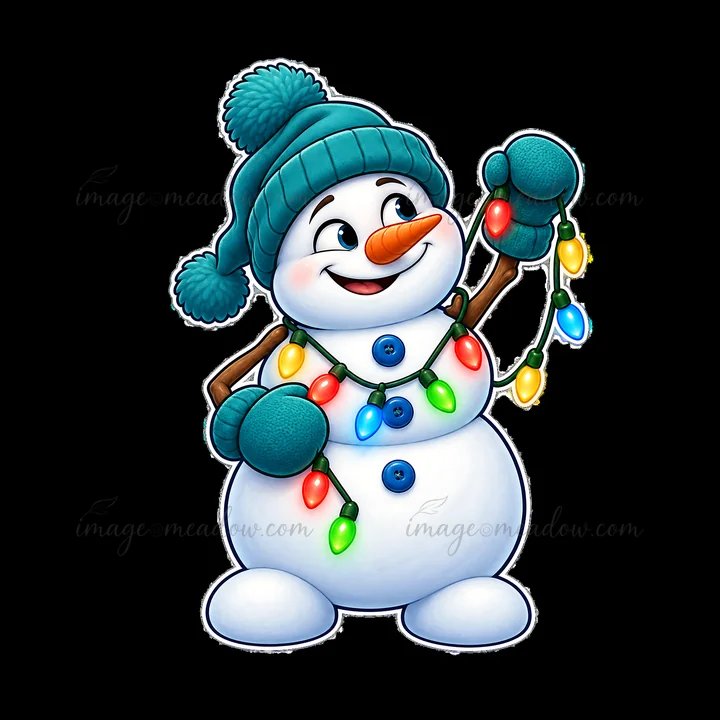 A snowman dressed in a teal hat and gloves holds a string of colorful lights. He has a cheerful expression, making the scene festive and bright. The snowman sta