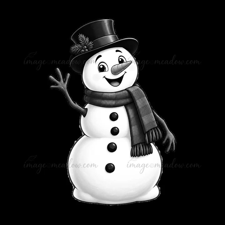A cheerful snowman stands with a smile, waving to viewers. The snowman wears a black top hat, a scarf, and has buttons down its body. This illustration captures