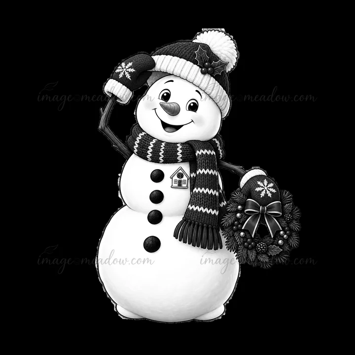 A cartoon snowman stands cheerfully, wearing a winter hat and scarf. He raises one stick arm while holding a wreath with a bow in the other. A small house desig