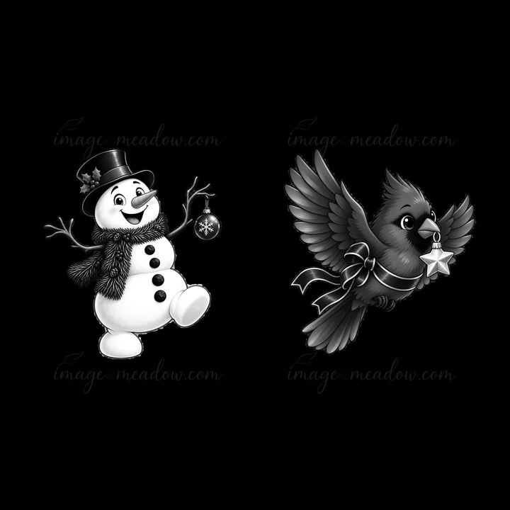 A snowman with a black hat and scarf holds a Christmas ornament while a bird flies alongside holding a star. This cheerful scene captures the spirit of the holi