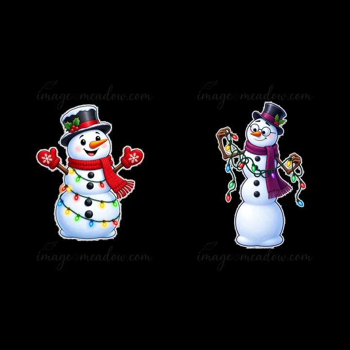 Two cheerful snowmen stand side by side, decorated with string lights. One has a red scarf and mitten, while the other holds colorful lights. They celebrate the