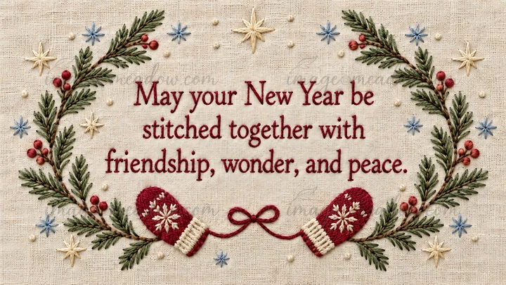 The message “May your New Year be stitched together with friendship, wonder, and peace” appears in red lettering on beige linen, framed by evergreen branches, r