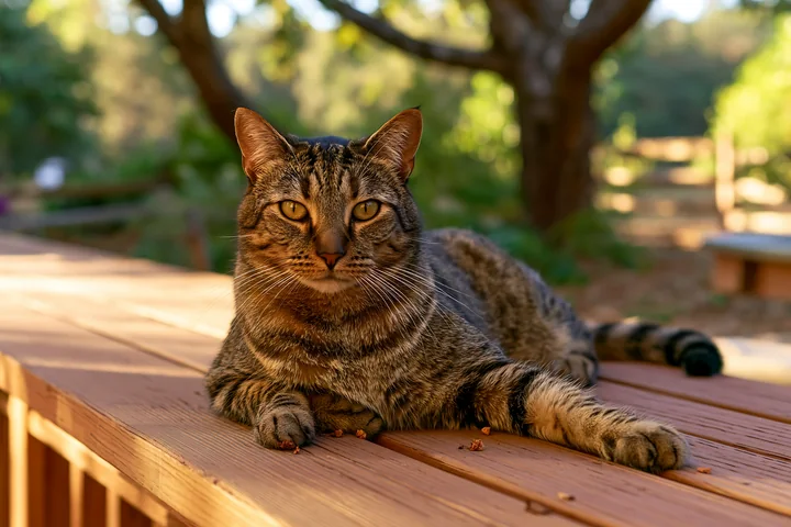 Striped brown cat rests on a wooden deck outdoors with trees softly blurred behind it.