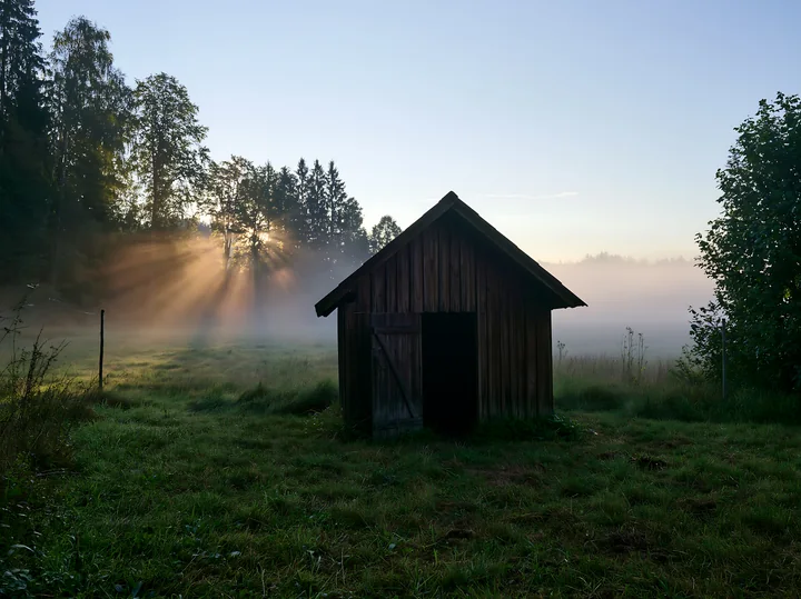 Sunbeams over a misty meadow illuminate a wooden structure in a field surrounded by trees.