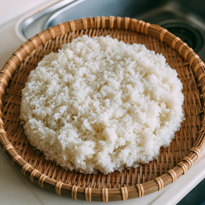 Sushi rice cooling on tray is shown in a woven basket placed on a kitchen counter.