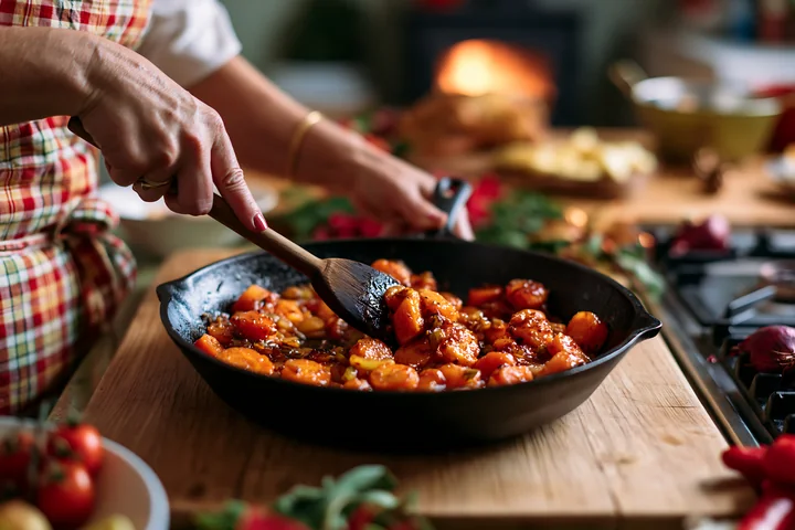 Sweet potatoes are being cooked in a skillet as part of Christmas dinner preparation in a warm kitchen with a fireplace.