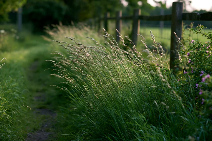 Tall grass sways as the wind blows through meadow grass along a dirt path surrounded by trees and a fence during the golden hour of late afternoon.
