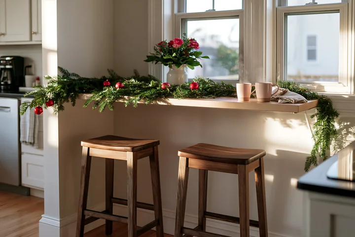 The breakfast bar has greenery and red ornaments, creating a festive atmosphere.