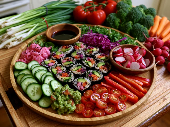 This vegan sushi platter features assorted sushi rolls surrounded by fresh vegetables like cucumber, tomatoes, and radishes, presented on a wooden tray with dip